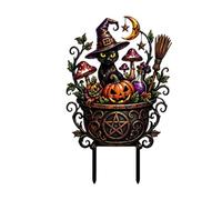 Halloween Sign - Black Cat and Pumpkin Metal Yard Sign with Witch Hat
