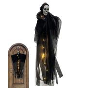 Halloween Skeleton Ghost, Ornament Skull Lighted, 35.43x23.62 pollici, decorazioni sospese inquietanti, luci a batteria, per Halloween, portico anteriore, casa stregata, albero da esterno, decorazioni