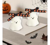 Halloween Smiley Pumpkin Ghost Candles, Creative Tabletop Decorations for Halloween Parties, 2-Pack(Ghost Ribbon)