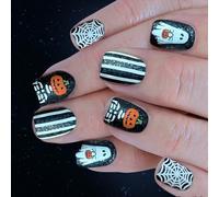 Halloween Sparkling Press On Nails 24Pcs Bianco Spiderweb Scheletro Design Accessori per feste Nero Glitter Zucca Nail