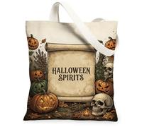 Halloween Spirits Scroll Illustration Pumpkins Canvas Tote Bag 33 x 38 cm | Pergamena vintage, teschi spettrali, foglie autunnali, atmosfera rustica, arte gotica