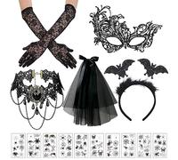 Halloween Steampunk, accessori da donna, 6 pezzi, gotici, guanti in pizzo nero, collana, maschera per gli occhi, velo, tatuaggi, accessori per costume gotico, accessorio per costume di carnevale,
