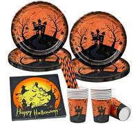 Halloween Stoviglie per Feste, 68 Pezzi Halloween Stoviglie Usa e Getta, 9 Pollici Piatti, Bicchieri di Carta, Cannucce, Tovaglioli Stoviglie Set per 16 Ospitis Compleanno, Matrimonio, Festa