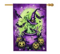 Halloween Strega Calderone Front Yard BackYard Linato Casa Verticale Bandiere 28x40 Double Face per Esterno, Vintage Estetica Spaventosa Zucca Casa Stampa Bandiera, Horror Bat Home Outdoor Pattern
