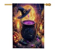 Halloween Strega Calderone Front Yard BackYard Linato Casa Verticale Bandiere 28x40 Double Face per Esterno, Horror Spaventoso Zucca Wichy Hat Home Print Flag, Estetica Home Outdoor Pattern Flag