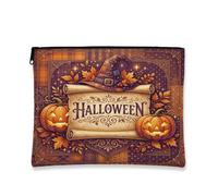 Halloween strega cappello e zucche citazione trucco borsa, Viola, 7x9 Inch | Illustrazione del cappello della strega, borsa cosmetica, testo di scorrimento, foglie d'acero autunnali