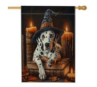 Halloween strega dalmata cane anteriore cortile cortile lino casa bandiere verticali 28 x 40 su entrambi i lati per esterno, libro magico candela cucciolo stampa bandiera, bandiera vintage per casa