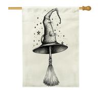 Halloween strega scopa magica cortile cortile cortile lino casa bandiere verticali 28 x 40 su entrambi i lati per esterno, gotico nero cappello da strega bandiera stampa casa, bandiera gotica cool