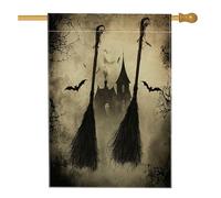 Halloween strega scopa magica cortile cortile cortile lino casa verticale bandiere 28 x 40 su entrambi i lati per esterno, horror spaventoso vintage casa infestata casa stampa bandiera, spettrale casa