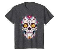 Halloween Sugar Skull Dia De Los Muertos Calavera Maglietta, Bambini, Grigio Scuro, 10 Anni