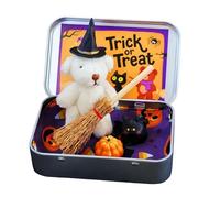 Halloween Teddy Bear in a Box, Halloween Bear in a Box for Trick or Treat with Hat, Blanket, Pumpkin & Cat, Handmade Plush Gift Set for Party Decor & Kids Gifts (White)