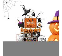 Halloween Tiered Tray Decorations, Spooky Pumpkin and Ghost Wooden Signs, Rustic Scary Desktop Ornaments for Bookshelf, Living Room, Bedroom, Cabinet, Den, Entryway Shelf, Holiday Seasonal Display