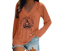 Halloween Town Halloween Camicie Donna Spaventoso Zucca T Shirt Divertente Costumi di Halloween Scollo a V Manica Lunga Top Pullover Festival Abiti, Arancione, M