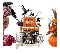 Halloween Tray Decor, Decorative Wooden Set, For Spooky Accents On Shelves And Tables, Halloween Tiered Stand Decoration Ideal For Living Rooms And Parties, Scary Ghost Signs Made Of Wood Approx. 5.12