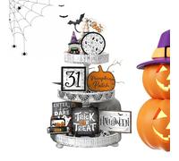 Halloween Tray Decor, Decorative Wooden Set, For Spooky Accents On Shelves And Tables, Halloween Tiered Stand Decoration Ideal For Living Rooms And Parties, Scary Ghost Signs Made Of Wood Approx. 5.12