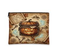 Halloween Treasure Map Pumpkins Pouch Jack-o'-Lantern Makeup Bag 18,8 x | Motivo del forziere del tesoro, sacchetto della chiusura lampo del trucco, sfondo antico mappa dei pirati