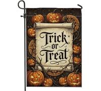 Halloween Trick or Treats Scroll Jack-o'-Lantern Bandiera da giardino 30,5 | Tipografia di scorrimento spettrale, bandiera del cortile, zucche incandescenti, sfondo ragnatela, simboli circolari mistici