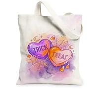 Halloween Trick Treat Candy Hearts Canvas Tote Bag 33 x 38 cm | Fantasioso design ad acquerello, tema festivo stagionale, materiale in poliestere resistente