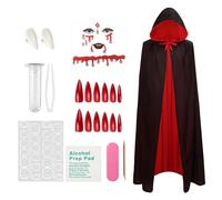 Halloween Vampiro Set, Mantello Vampiro, 140cm Mantello Rosso con Cappuccio Usura Bifacciale con Strass Viso Halloween, Denti Finti vampiros, Unghie Finte Rosse, Crea un Look da vampiro-classico