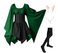 Halloween Vestito Donna Celtico Gotico Da Palazzo Costumi Di Halloween Medievale Vintage Vestito Da Steampunk Con Maniche Svasate Curvy con Orecchie da Elfo, Collana, Calze Sopra il Ginocchio