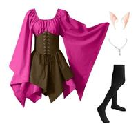 Halloween Vestito Donna Celtico Gotico Da Palazzo Costumi Di Halloween Medievale Vintage Vestito Da Steampunk Con Maniche Svasate Curvy con Orecchie da Elfo, Collana, Calze Sopra il Ginocchio