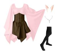 Halloween Vestito Donna Celtico Gotico Da Palazzo Costumi Di Halloween Medievale Vintage Vestito Da Steampunk Con Maniche Svasate Curvy con Orecchie da Elfo, Collana, Calze Sopra il Ginocchio