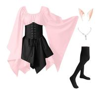 Halloween Vestito Donna Celtico Gotico Da Palazzo Costumi Di Halloween Medievale Vintage Vestito Da Steampunk Con Maniche Svasate Curvy con Orecchie da Elfo, Collana, Calze Sopra il Ginocchio