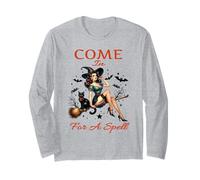 Halloween Vintage Strega Pin Up Ragazza Vieni In Per Un Incantesimo Maglia a Manica