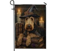 Halloween Witch Airedale Terrier Dog Front Yard BackYard Juta Giardino Bandiere 30,5 x 45,7 cm Doppio lato per esterno, Libro Magico Candela Modello Cucciolo Piccole Bandiere Prato Bandiere, Vintage
