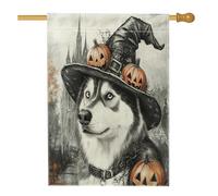 Halloween Witch Alaskans Malamute Dog House Flag 71,1 x 101,2 cm Double Face per decorazione esterna, Vintage Haunted House Puppy FrontYard Linen Home Flag, Fun Outdoor Small Backyard Lawn Flag