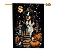 Halloween Witch Bernese Mountain Dog Front Yard Backyard Juta Verticale Casa Bandiere 28x40 Double Face per Esterno, Divertente Libro Magico Cucciolo Casa Stampato Bandiera, Pet Witchy Home Outdoor