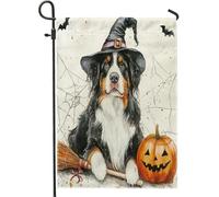 Halloween Witch Bernese Mountain Dog Front Yard Backyard Juta Verticale Giardino Bandiere 12x18 Double Face per Esterno, Spaventoso Zucca pipistrello Cucciolo Casa Stampa Bandiera, Pet Home Outdoor