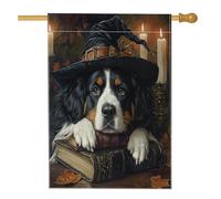 Halloween Witch Bernese Mountain Dog Front Yard Linee Vertical House Flags 28x40 Double Face per esterno, libro magico candela cucciolo stampa bandiera casa, bandiera vintage per casa all'aperto