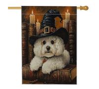 Halloween Witch Bichon Frise Dog Front Yard BackYard Linen Vertical House Flags 28x40 Double Face per esterno, libro magico candela cucciolo stampa bandiera casa, bandiera vintage per casa all'aperto