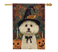 Halloween Witch Bichon Frise Dog Front Yard Backyard Linen Vertical House Flags 28x40 Double Sided per l'esterno, Psichedelico Spaventoso Cucciolo Casa Stampa Bandiera, Divertente Casa Outdoor Pattern