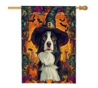 Halloween Witch Border Collie Dog Front Yard Backyard Linen Vertical House Flags 28x40 Double Sided per l'esterno, Psichedelico Spaventoso Cucciolo Casa Stampa Bandiera, Divertente Casa Outdoor