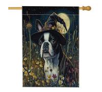 Halloween Witch Boston Terrier Dog Front Yard Backyard Linen Vertical House Flags 28x40 Double Face per l'esterno, fresco cucciolo giardino fiore casa stampa bandiera, divertente animale domestico