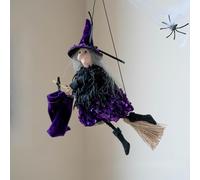 Halloween Witch Broomstick Decor with Candy Bag Scary Hanging Prop for Haunted House Outdoor Party Decoration, House Outdoor Garden Party Favor (Purple)