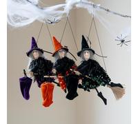 Halloween Witch Broomstick Decor with Candy Bag Scary Hanging Prop for Haunted House Outdoor Party Decoration, House Outdoor Garden Party Favor (Purple+Orange+green)