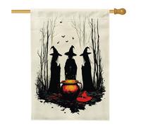 Halloween Witch Calderone Front Yard BackYard Linato Casa Verticale Bandiere 28x40 Double Face per Esterno, Vintage Goth Wichy Scenic Home Print Flag, Horror Spaventoso Home Outdoor Pattern Flag