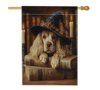 Halloween Witch Cocker Spaniel Cane Front Yard Cortile Lino Verticale Casa Bandiere 28x40 Doppio Lato per Esterno, Libro Magico Candela Cucciolo Casa Stampa Bandiera, Vintage Home Outdoor Pattern