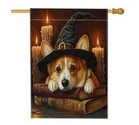 Halloween Witch Corgi Dog Front Yard BackYard Linen Vertical House Flags 28x40 Double Sided per l'esterno, libro magico candela cucciolo casa stampa bandiera, vintage casa all'aperto modello bandiera