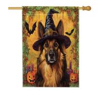 Halloween Witch German Shepherd Dog Front Yard Backyard Linen Vertical House Flags 28x40 Double Sided per l'esterno, Psichedelico Spaventoso Cucciolo Casa Stampa Bandiera, Divertente Casa Outdoor