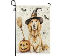 Halloween Witch Golden Retriever Dog Front Yard Backyard Juta Verticale Giardino Bandiere 30,5 x 45,7 cm Doppio lato per l'esterno, Spaventoso Zucca pipistrello Cucciolo Casa Stampa Bandiera, Pet Home