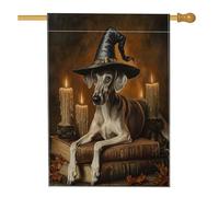 Halloween Witch Greyhound Dog Front Yard BackYard Linen Vertical House Flags 28x40 Double Face per esterno, libro magico candela cucciolo stampa bandiera casa, bandiera vintage per casa all'aperto