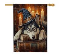 Halloween Witch Husky Cane Cortile Cortile Lino Casa Verticale Bandiere 28x40 Doppio Lato per Esterno, Libro Magico Candela Cucciolo Casa Stampa Bandiera, Vintage Home Outdoor Pattern Bandiera