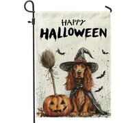 Halloween Witch Irish Setter Dog Front Yard Backyard Juta Verticale Giardino Bandiere 12x18 Double Face per Esterno, Spaventoso Zucca pipistrello Cucciolo Casa Stampa Bandiera, Pet Home Outdoor