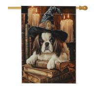 Halloween Witch Japanese Chin Dog Front Yard Linen Vertical House Flags 28x40 Double Sided per l'esterno, libro magico candela cucciolo stampa bandiera casa, bandiera vintage per casa all'aperto