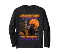 Halloween Witch On Wine And Funny Maine Coon Cat Costume Maglia a Manica