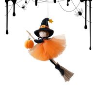 Halloween Witch Ornament, Festive Tree Decoration, 8.66x7.09 inches Plush Pumpkin Witch with Broom for Spooky Decor, Hanging Window, Mantel, Porch, Patio, Haunted House Display